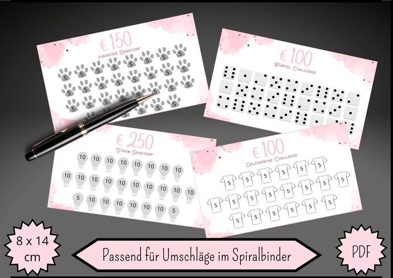 May include: Four printable cards with pink watercolor backgrounds and different challenges for earning money. The cards are labeled with amounts in Euros: &euro;150, &euro;100, &euro;250, and &euro;100. The challenges are "Haunted Spartoo", "Wuerfel Challenge", "Strow Spartoo", and "Celovasche Challenge".