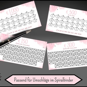 May include: Four printable cards with pink watercolor backgrounds and black outlines. Each card features a different amount of money to save: &euro;1,000, &euro;500, &euro;150, and &euro;300. The cards are designed for a 30-day savings challenge. The &euro;1,000 and &euro;500 cards have piggy banks to color in, while the &euro;150 and &euro;300 cards have envelopes to color in.