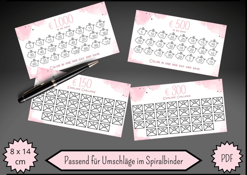 May include: Four printable cards with pink watercolor backgrounds and black outlines. Each card features a different amount of money to save: &euro;1,000, &euro;500, &euro;150, and &euro;300. The cards are designed for a 30-day savings challenge. The &euro;1,000 and &euro;500 cards have piggy banks to color in, while the &euro;150 and &euro;300 cards have envelopes to color in.