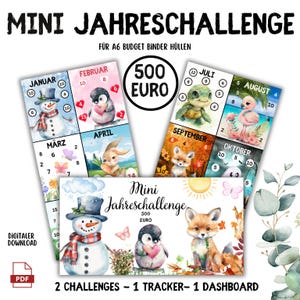Könnte beinhalten: Digitaler Download eines Budget-Trackers mit Illustrationen für jeden Monat, darunter ein Schneemann, Pinguin, Hase, Schildkröte, Flamingo und Fuchs. Der Text lautet "Mini Jahreschallenge" und "500 EURO". Enthält einen PDF-Download.