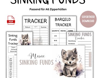 Set de ahorros Baby Wolf de 5 piezas | Portada, registro, registro de efectivo y 2 fondos de amortización | Formato A6 | Descarga digital en PDF | Carpeta de presupuesto
