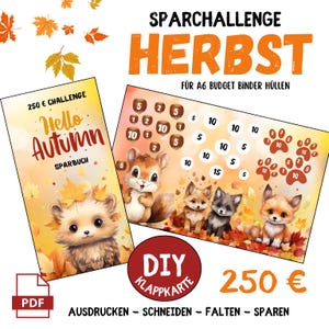 Carte pliante d'automne Défi épargne | Objectif d'économies de 250 EUR | Hérisson Renard Écureuil | incl. Télécharger Tracker A6 | Méthode de couverture du classeur budgétaire (PDF)