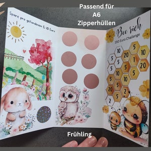May include: A tri-fold savings challenge card featuring a spring theme with a bunny, owl, and bees. The card includes text: Passend f&uuml;r A6 Zipperh&uuml;llen, Spare pro gefundenem Ei 10 Euro, Bee rich, 150 Euro Challenge, and Fr&uuml;hling. It has six circular scratch-off areas.