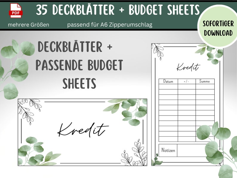 35 Dashboards Cover Sheets Tracker Eucalyptus for A6 A5 Envelopes Envelope Method in Budget Binder Digital PDF Download image 3