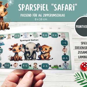 Savings game Safari PRINT VERSION suitable for A6 envelopes in savings binder - German version - lion envelope method printing