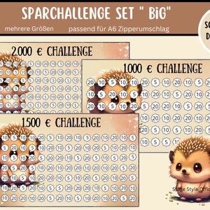 Puede incluir: Un conjunto de desafíos de ahorro imprimible con tres niveles diferentes: 2.000, 1.500 y 1.000 euros. Cada nivel presenta una cuadrícula de números, con una linda ilustración de erizo de dibujos animados. El texto "SPARCHALLENGE SET "BIG"" está en la parte superior de la imagen.