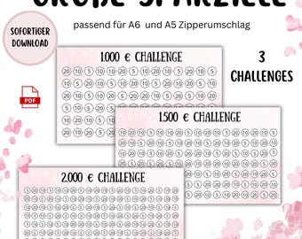 May include: Three pink and white savings challenges with the text "1.000 € CHALLENGE", "1.500 € CHALLENGE", and "2.000 € CHALLENGE". Each challenge has a grid of numbers. The image also includes the text "SOFORTIGER DOWNLOAD" and "3 CHALLENGES".