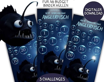 May include: Three blue and black printable challenge cards featuring an anglerfish with glowing lures. Each card has a different amount of money on it, 50 euros, 100 euros, and 20 euros. The cards are labelled "Sparchallenge Anglerfish".