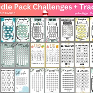 24 Sparchallenge Set + Tracker Mein Sparglas 1, 2, 5, 10, 20, 50 EURO Spar challenges in A7 A6 size - Digital Download PDF