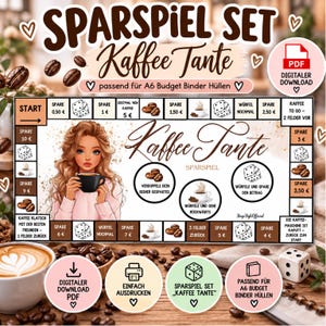 Pode incluir: Um tabuleiro de jogo de poupança digital intitulado Kaffee Tante com uma mulher ilustrada segurando uma chávena de café, grãos de café, ícones de dados e instruções de poupança em alemão para dossiers de orçamento A6.
