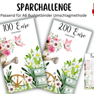 Könnte beinhalten: Zwei druckbare A6-Budgetbinder-Umschlaumethode-Spar-Challenge-Karten mit Blumendesigns. Die Karten zeigen eine 100-Euro- und eine 200-Euro-Challenge. Ein separates druckbares Tracker-Blatt ist ebenfalls enthalten.