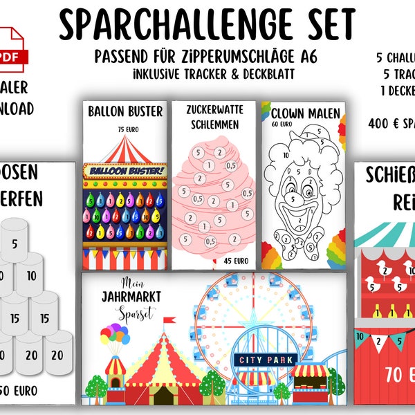 Sparchallenge Set Jahrmarkt PDF passend für A6 Umschläge im Sparbinder - deutsche Version - Digitaler Download Umschlagmethode