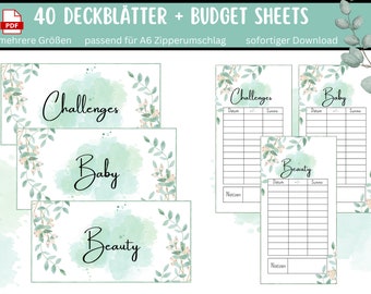 40 dashboards (cover sheets) + tracker "Eucalyptus green" for A6 envelopes Envelope method in the budget binder | Digital PDF Download