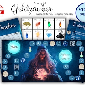Könnte beinhalten: Ein blaues und weißes Spielbrett mit blauem Hintergrund und weißen Kreisen mit Zahlen darauf. Das Brett ist für ein Spiel namens "Geldzauber". Das Spiel ist für einen A6-Zipperumschlag konzipiert. Das Brett zeigt eine Frau mit langen weißen Haaren, die eine leuchtende Kugel hält. Das Brett zeigt auch einen Würfel, eine Zaubertrankflasche und einen Mond.