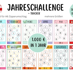 Årlig utmaning 1000 | 12 månader | Färgglad design | A6 PDF | Tracker