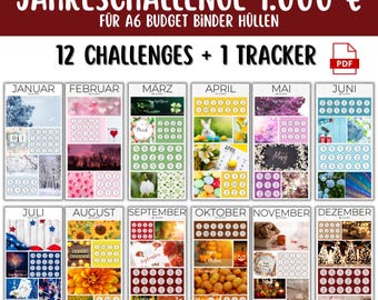 Annual challenge | 12 months | €1000 savings goal | A6 PDF | Budget binder