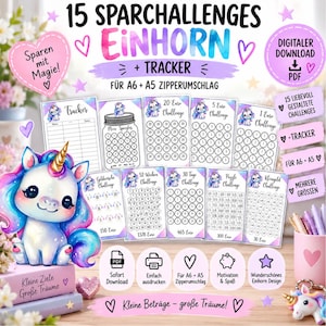 Enhörningsmagiska sparutmaningsuppsättning | 15 utmaningar | A6 PDF | Tracker