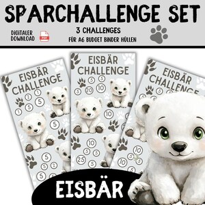 May include: A digital download savings challenge set featuring three rectangular cards with the text EISBÄR CHALLENGE. Each card displays illustrations of white polar bear cubs, grey paw prints, and circular icons with numerical values.