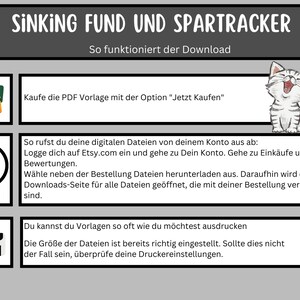 Op de afbeelding: Een afbeelding met instructies over het downloaden van een PDF-sjabloon voor een zinkfonds en een spaartracker. De afbeelding bevat een kattenillustratie, een downloadpictogram en een printerpictogram. De tekst luidt "Sinking Fund und SparTracker" en "So funktioniert der Download".