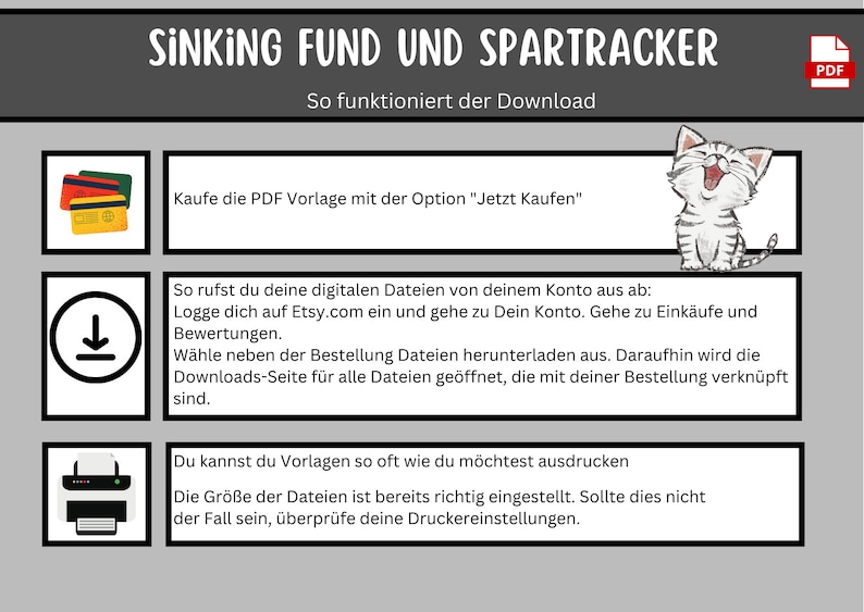 Op de afbeelding: Een afbeelding met instructies over het downloaden van een PDF-sjabloon voor een zinkfonds en een spaartracker. De afbeelding bevat een kattenillustratie, een downloadpictogram en een printerpictogram. De tekst luidt "Sinking Fund und SparTracker" en "So funktioniert der Download".