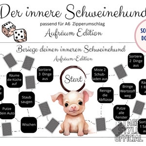 Op de afbeelding: Een printbaar bordspel voor kinderen genaamd "Der innere Schweinehund Aufräum Edition" met een cartoonhond en instructies om op te ruimen. Het spel is ontworpen voor A6-ritsenveloppen.