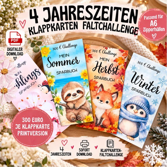 Jahreschallenge Klappkarte, 1200 Sparziel, Rubbelchallenge, 12 Monats Challenge, Jahreszeiten, A6 Budget Binder, Sparbinder, Printversion