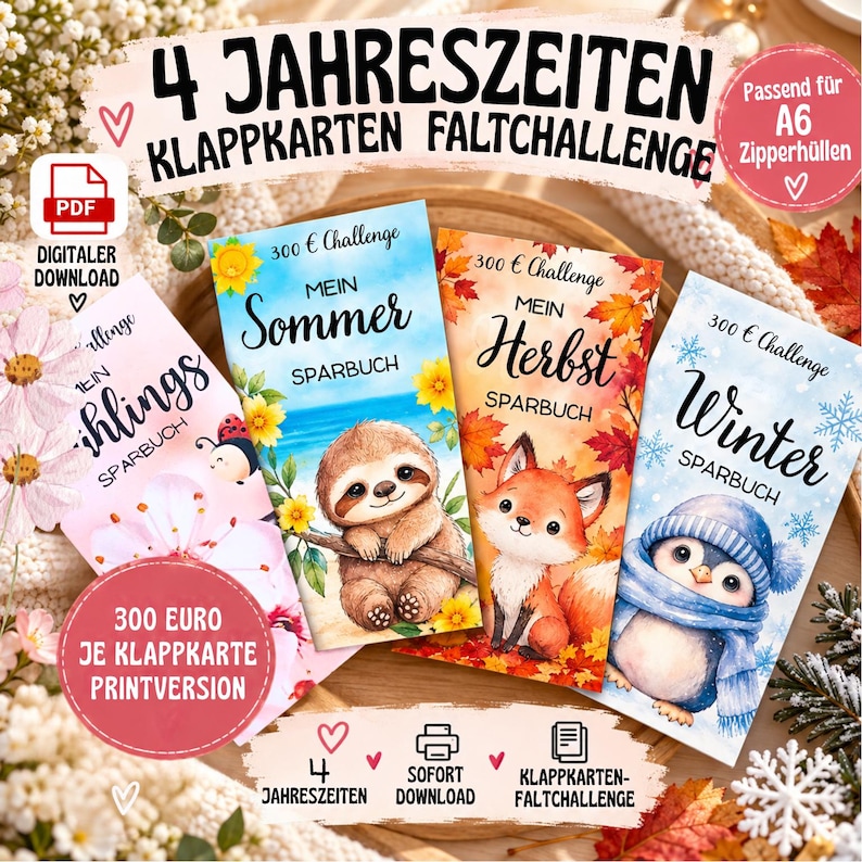 May include: Four folding cards for a 300 Euro savings challenge, each featuring a seasonal theme: spring with flowers, summer with a sloth, autumn with a fox, and winter with a penguin. The cards are labelled as Mein Sparbuch and include text for a digital download.