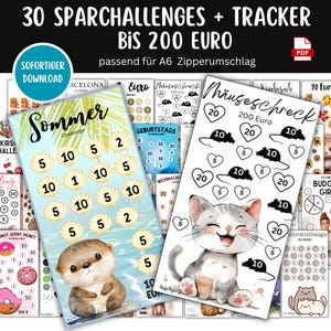 30 Sparchallenges bis 200 Euro Tracker Sparspiel Sparchallenge Umschlagmethode Budgetbinder Sparbinder Budget Digitaler Download PDF