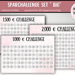 May include: Three printable charts for a savings challenge. The charts are labelled "1,500 € CHALLENGE", "1,000 € CHALLENGE", and "2,000 € CHALLENGE". Each chart has a grid of numbers, including 5, 10, and 20.