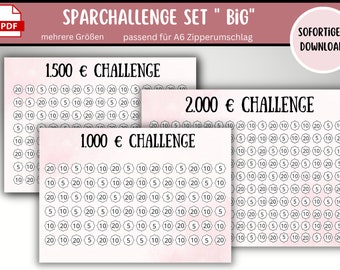 Sparchallenges set in German in a set suitable for A6 and A5 Cash Binders - Budget Binders - Digital Download - Envelope Method - 2000, 1000