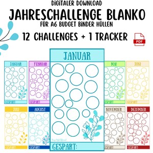 May include: A printable PDF download of 12 monthly challenge trackers for a budget binder. Each tracker has a different color and features a floral design. The text "JAHRESCHALLENGE BLANKO" is at the top of the page.