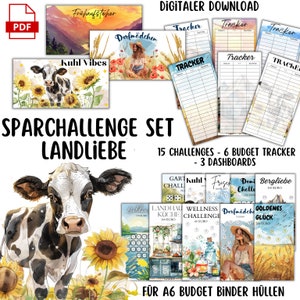 May include: A set of printable budget tracker and challenge cards with a country theme. The cards feature illustrations of sunflowers, cows, and a woman in a field. The text on the cards includes "Sparchallenge Set Landliebe", "Kuhl Vibes", "Dorfmädchen", "Frühaufsteher", "Gart Chall", "Kuhl", "Frisch", "Demi Chall", "Bergliebe", "Landlau Küche", "Wellness Challenge", "Dorfmädchen", "Goldenes Glück", and "Für A6 Budget Binder Hüllen".