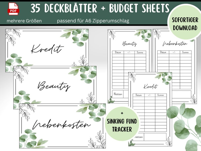 35 Dashboards Cover Sheets Tracker Eucalyptus for A6 A5 Envelopes Envelope Method in Budget Binder Digital PDF Download image 1