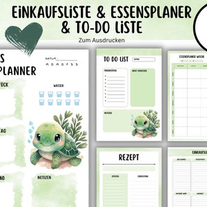 Op de afbeelding: Printbare planner met een groen-wit kleurenschema met een cartoon schildpad. De planner bevat secties voor maaltijdplanning, to-do-lijsten en boodschappen. De titel van de planner is "Einkaufsliste & Essensplaner & To-Do Liste".