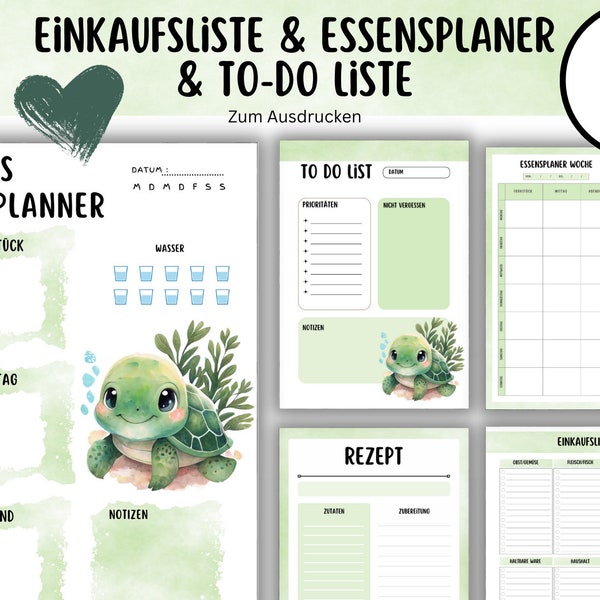 Einkaufsliste Schildkröte Printable to do Liste, Lebensmittelliste zum ausdrucken, Rezept, Download PDF Checkliste Vorlage Essensplaner