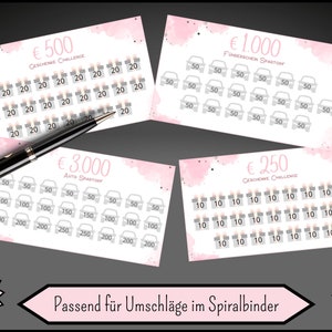May include: Four pink and white cards with different amounts of money on them. Each card has a different theme, including a car, a gift, and a gift. The cards are 8 inches by 14 inches and are suitable for use in a spiral binder.
