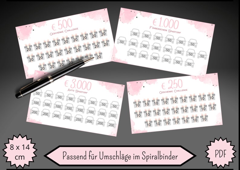 May include: Four pink and white cards with different amounts of money on them. Each card has a different theme, including a car, a gift, and a gift. The cards are 8 inches by 14 inches and are suitable for use in a spiral binder.
