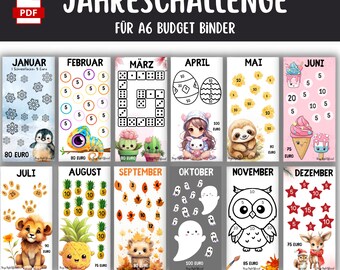 Annual challenge | 12 months | €1000 savings goal | A6 PDF | Budget binder