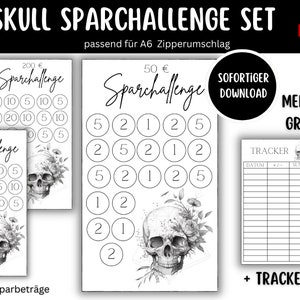 Skull Sparchallenge Envelopes Budget Planner - Budget Binder Game Digital Download Envelope Method Dead Gray Black White A6