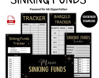 May include: A set of black and gold printable financial trackers with the words "SINKING FUNDS" at the top. The trackers include sections for tracking expenses, cash, and monthly budgets. The PDF download is available instantly.