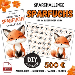 3 biglietti pieghevoli risparmio Fox 500 Euro Folding Challenge Scarica set sfida risparmio fai da te Buste Fox Budget Planner A6 Digital 2025 Saving Challenge