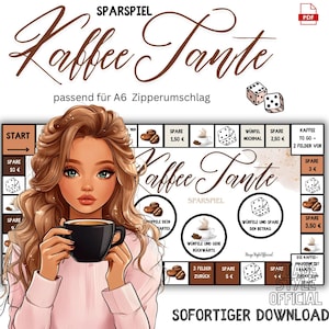 Peut inclure: Un jeu de société imprimable avec une illustration de dessin animé d'une femme tenant une tasse de café. Le jeu s'appelle "Kaffee Tante" et est conçu pour une enveloppe zippée A6. Le plateau de jeu comporte des cases pour que les joueurs gagnent des points et se déplacent sur le plateau. Le jeu est conçu pour deux joueurs ou plus.
