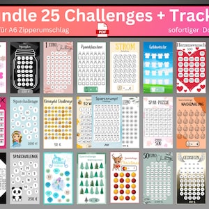 Könnte beinhalten: Ein Set mit 25 druckbaren Challenge-Karten für einen Spar-Tracker. Die Karten haben verschiedene Themen, darunter "Sparchallenge", "Geldwasche", "Strom", "Herzenswunsch", "Gent Challenge", "Mäusejagd", "Domino", "Sparchallenge", "Mermaid", "Sparchallenge Weihnachten", "Christmas", "50 Euro Challenge", "Geliseen" und "Kleingeld Challenge".