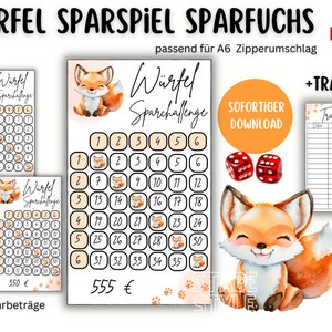 Dice Savings Game Sparfuchs – Set of 3 including 1 Tracker | A6 Savings Game | Roll & Save | Digital Download PDF