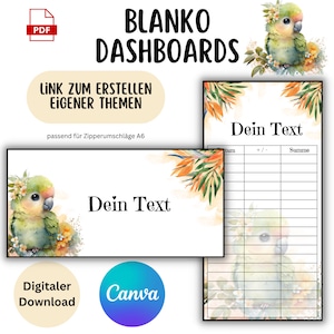 Può includere: Dashboard vuoti stampabili digitalmente con illustrazioni di pappagalli e accenti floreali. Include un'icona PDF, il testo "Blanko Dashboards" e il testo "Link zum Erstellen Eigener Themen". Il design presenta anche il logo Canva e il testo "Digitaler Download".