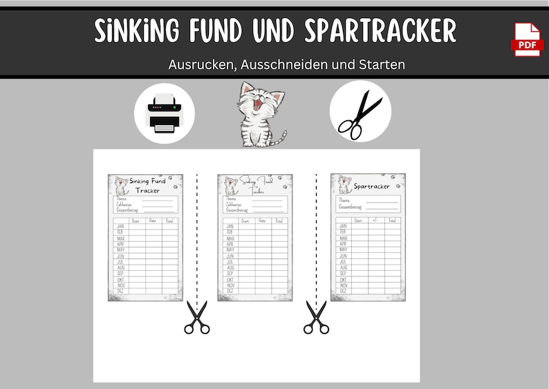 Op de afbeelding: Printbare sinking fund en spaar-trackerbladen met een schattige cartoon-katillustratie. De bladen zijn ontworpen om uit te knippen en te gebruiken om maandelijkse spaardoelen bij te houden.