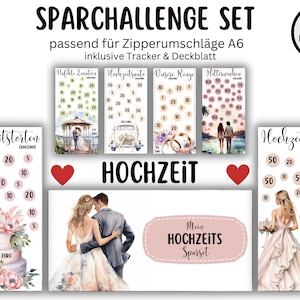 May include: A digital savings challenge set for A6 zipper envelopes, featuring wedding-themed trackers with illustrations of cakes, rings, and couples. The text includes "SPARCHALLENGE SET," "HOCHZEIT," and "Mein HOCHZEITS Sparset" with various monetary values.