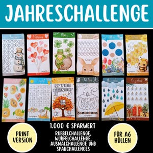 Jahreschallenge Sparchallenge Rubbelchallenge 12 Monats Challenge Würfel Sudoku Jahr Jahreszeiten Umschläge Sparbinder Budgetbinder 2025