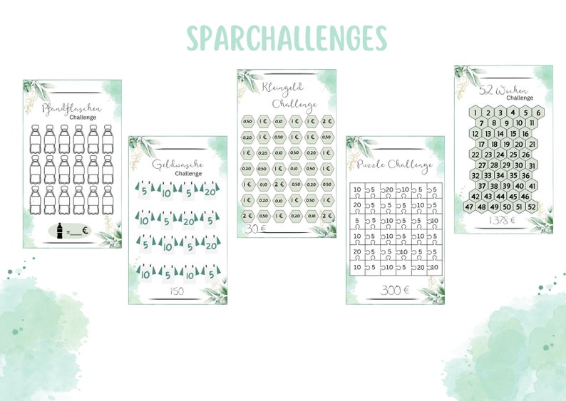 Puede incluir: Cuatro tablas imprimibles con fondos de acuarela verde y detalles dorados. Cada tabla es un desaf&iacute;o de ahorro diferente: "Pfandflaschen Challenge", "Geldwasche Challenge", "Kleingeld Challenge" y "52 Wochen Challenge". Las tablas muestran diferentes cantidades de dinero para ahorrar cada semana o cada d&iacute;a.