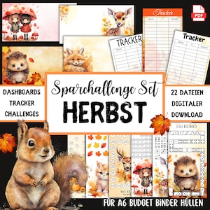May include: A digital printable set of 22 autumn-themed budget binder inserts. The set includes trackers, dashboards, and challenges. The images feature cute animals like squirrels, hedgehogs, and deer. The text "Sparchallenge Set HERBST" is displayed in a large font.